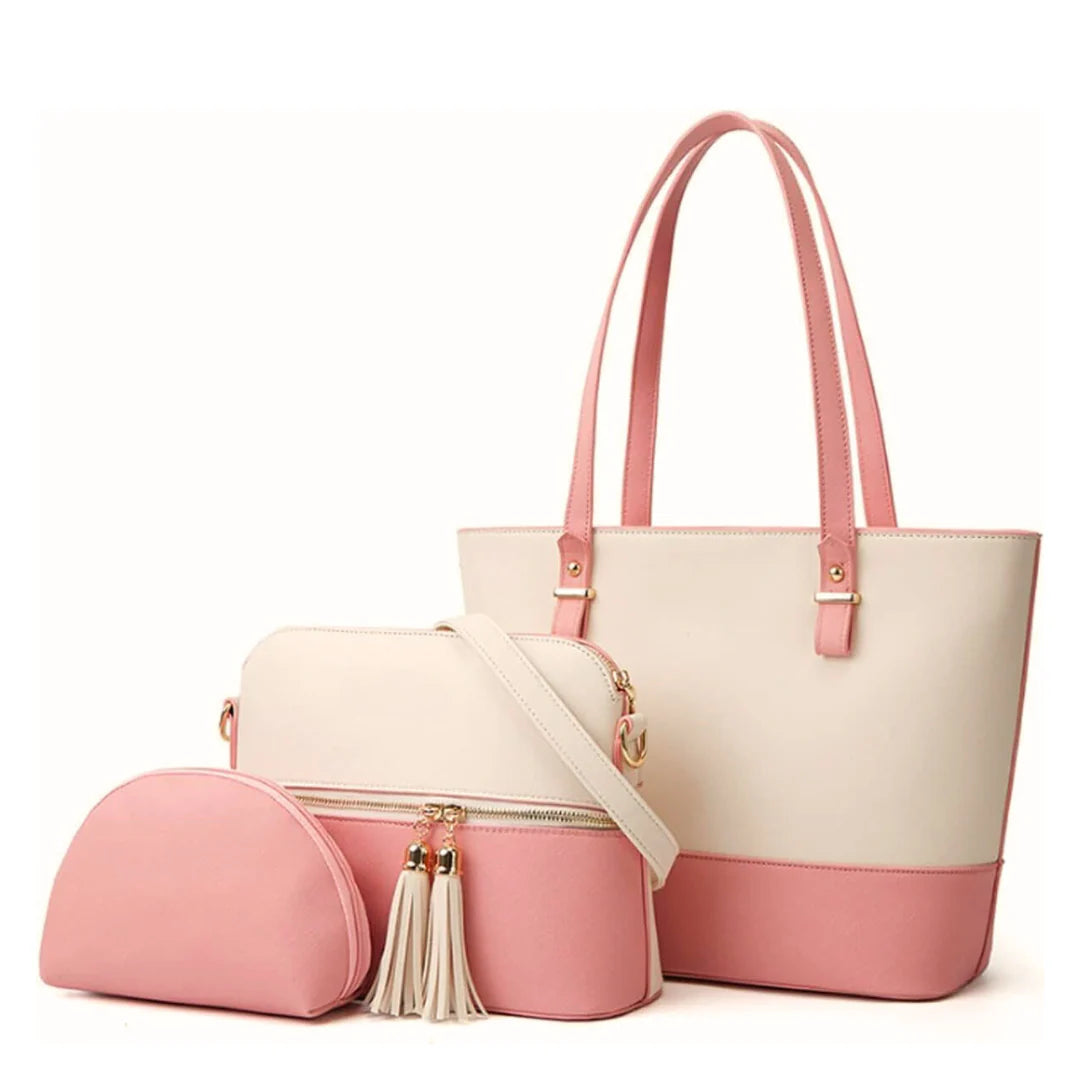 Elegant 3-in-1 handbag set in beige and pink faux leather including tote, crossbody, and mini pouch bags