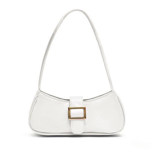 Ariana White Shoulder Bag with gold buckle detail by LYANA, featuring a sleek minimalist design and comfortable strap.