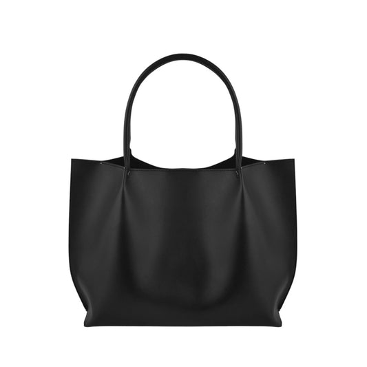 Black faux leather Cedar Tote with magnetic closure and zipper pocket, measuring 16x11x5.5 inches, spacious and stylish handbag.