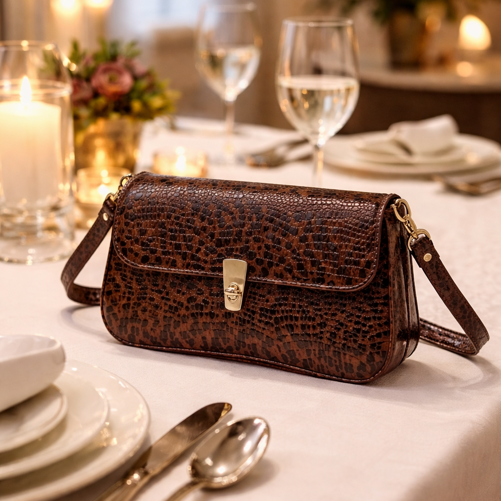 Leopard print handbag on a table with dinnerware and candles in the background