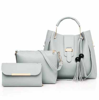 Three-piece grey handbag set with top-handle bag, cross-body bag with strap, and matching wallet cluthch.