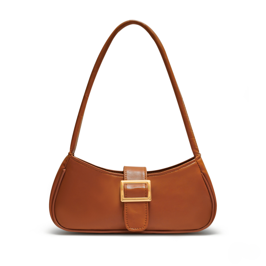 Brown shoulder bag with gold buckle detail and smooth synthetic leather finish, featuring a fixed strap and magnetic flap closure